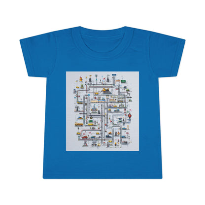 Blue toddler T-shirt with a playful city maze graphic featuring colorful roads, vehicles, and urban landmarks for an engaging, educational design.