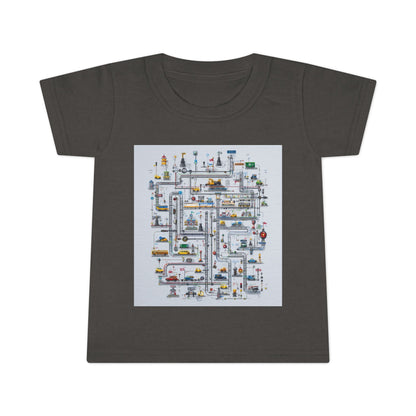 Charcoal toddler T-shirt featuring a colorful transportation-themed maze design with roads, vehicles, and city icons for a fun and educational look.