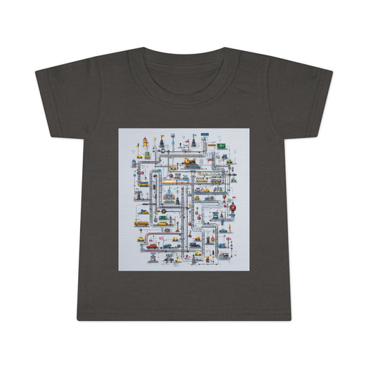 Charcoal toddler T-shirt featuring a colorful transportation-themed maze design with roads, vehicles, and city icons for a fun and educational look.