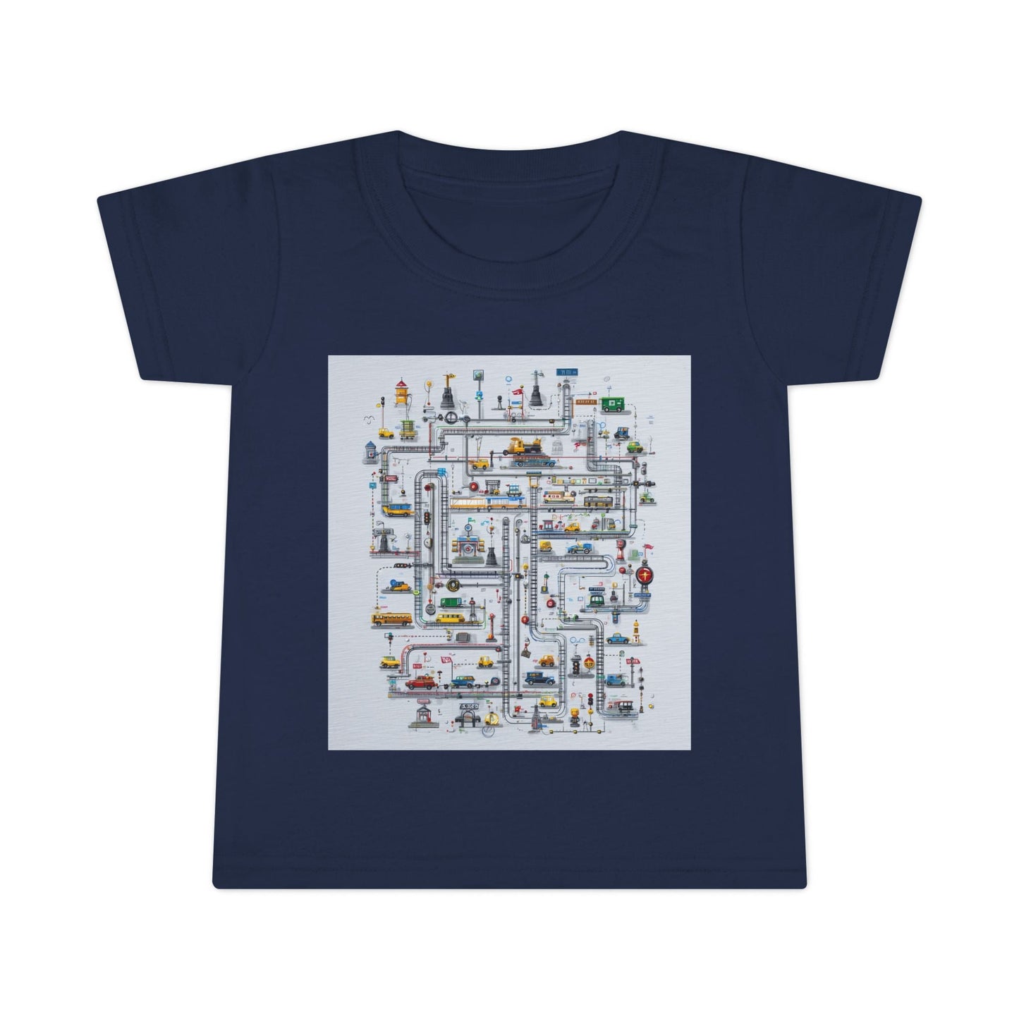 Navy toddler T-shirt featuring a detailed city maze illustration with roads, vehicles, and playful icons, designed for fun and educational everyday wear.