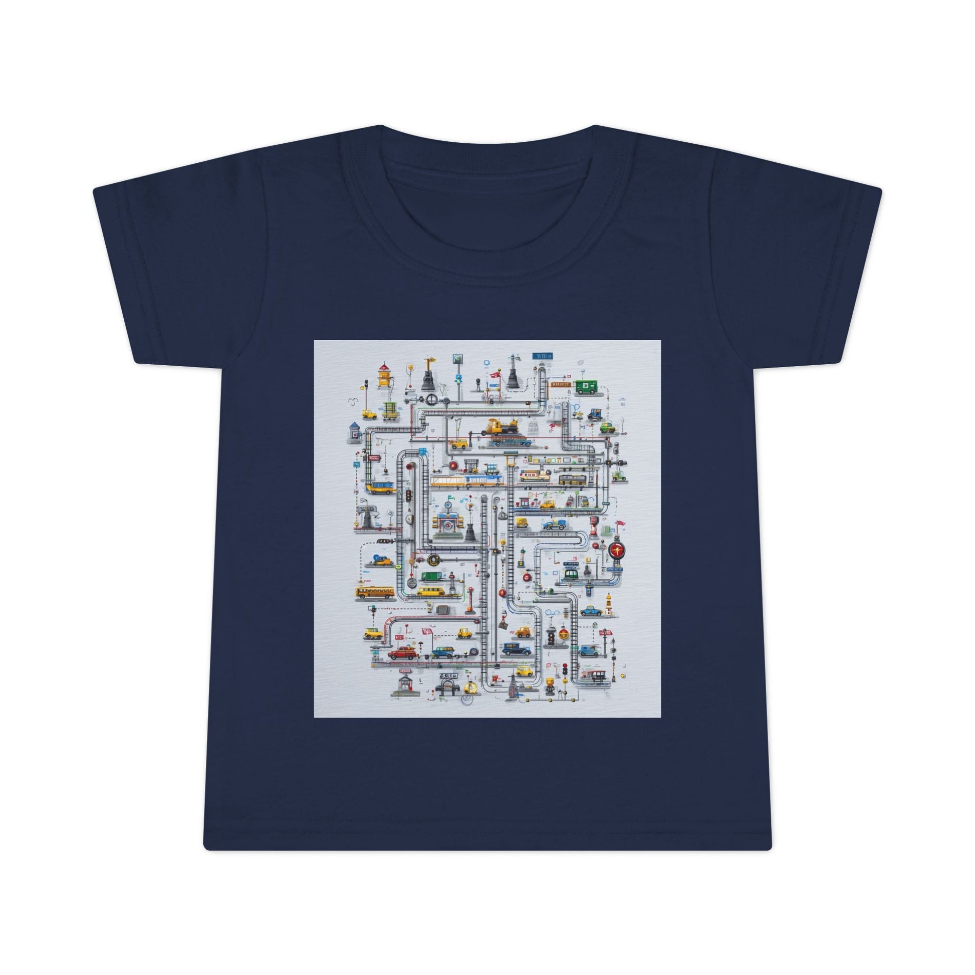 Navy toddler T-shirt featuring a detailed city maze illustration with roads, vehicles, and playful icons, designed for fun and educational everyday wear.