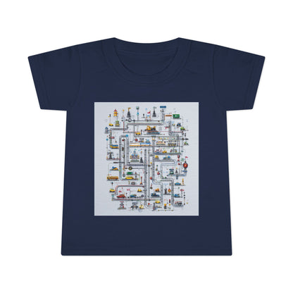Navy toddler T-shirt featuring a detailed city maze illustration with roads, vehicles, and playful icons, designed for fun and educational everyday wear.