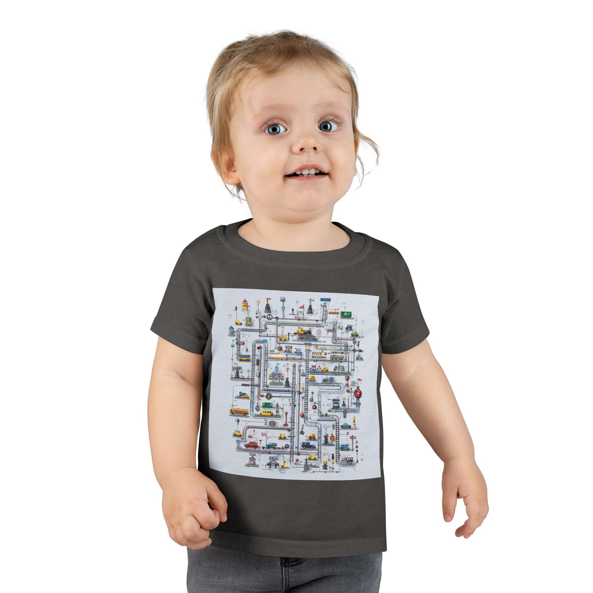 Charcoal toddler T-shirt with a colorful illustrated city map graphic, perfect for kids who love vehicles and adventure-themed designs.