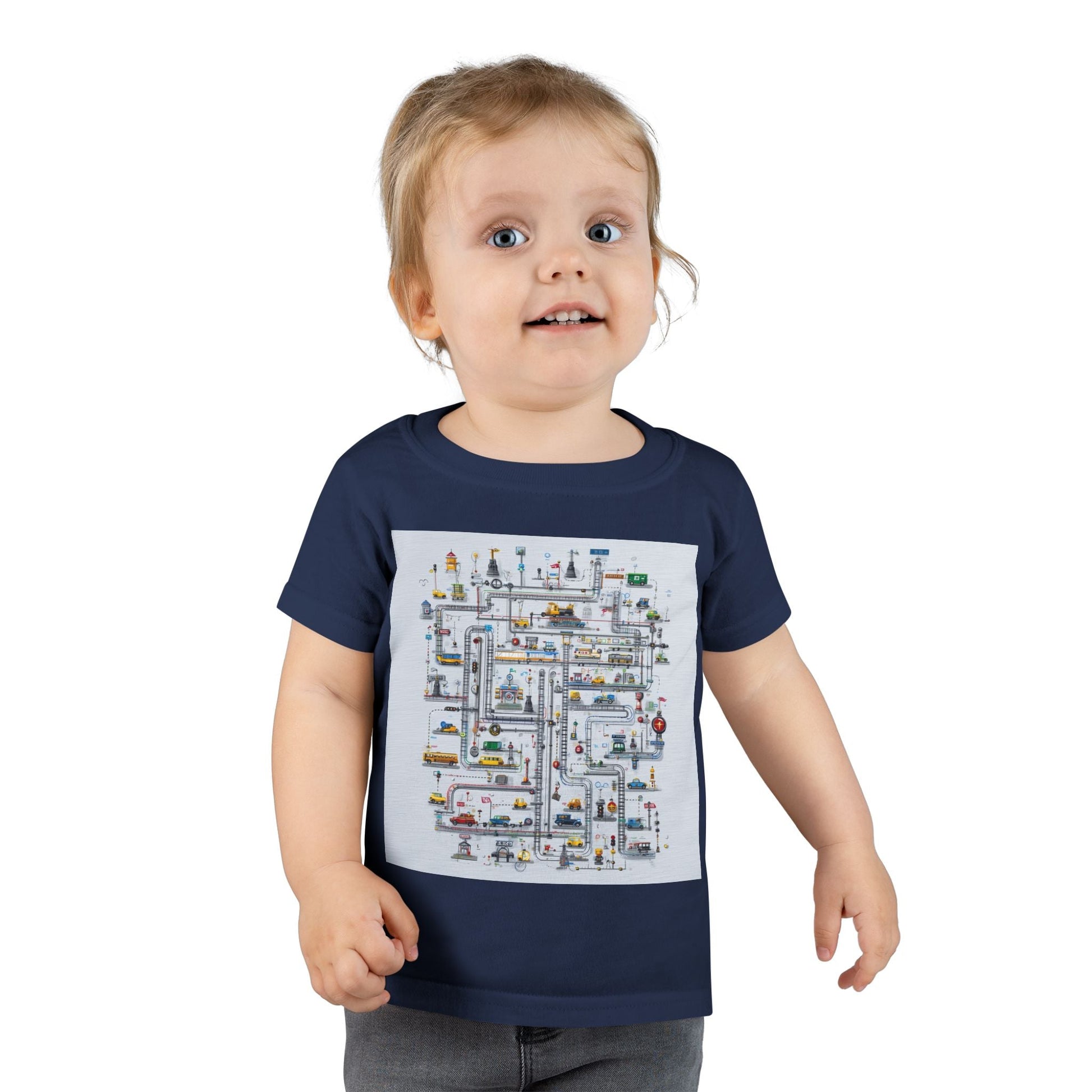 Navy toddler T-shirt featuring a colorful city map illustration with roads, cars, and buildings—perfect for kids who love vehicles and fun urban designs.