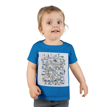 Blue toddler T-shirt with fun city map graphic featuring roads, cars, and buildings, perfect for kids who love vehicles and interactive designs.