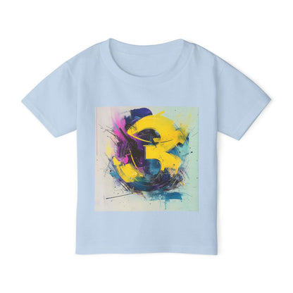 A light blue T-shirt featuring a bold and vibrant abstract design with expressive brushstrokes in yellow, purple, and blue.