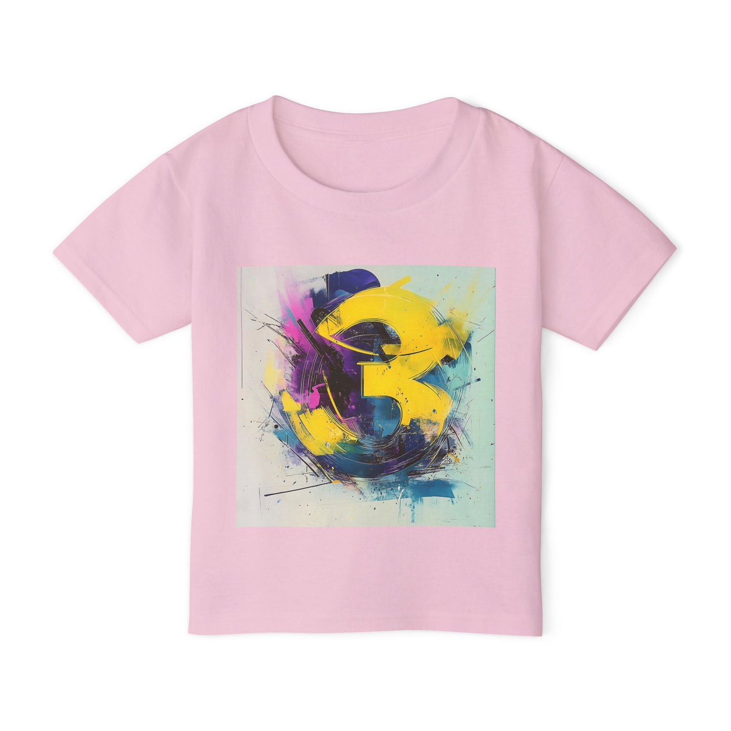 A light pink T-shirt featuring a bold and vibrant abstract design with expressive brushstrokes in yellow, purple, and blue.