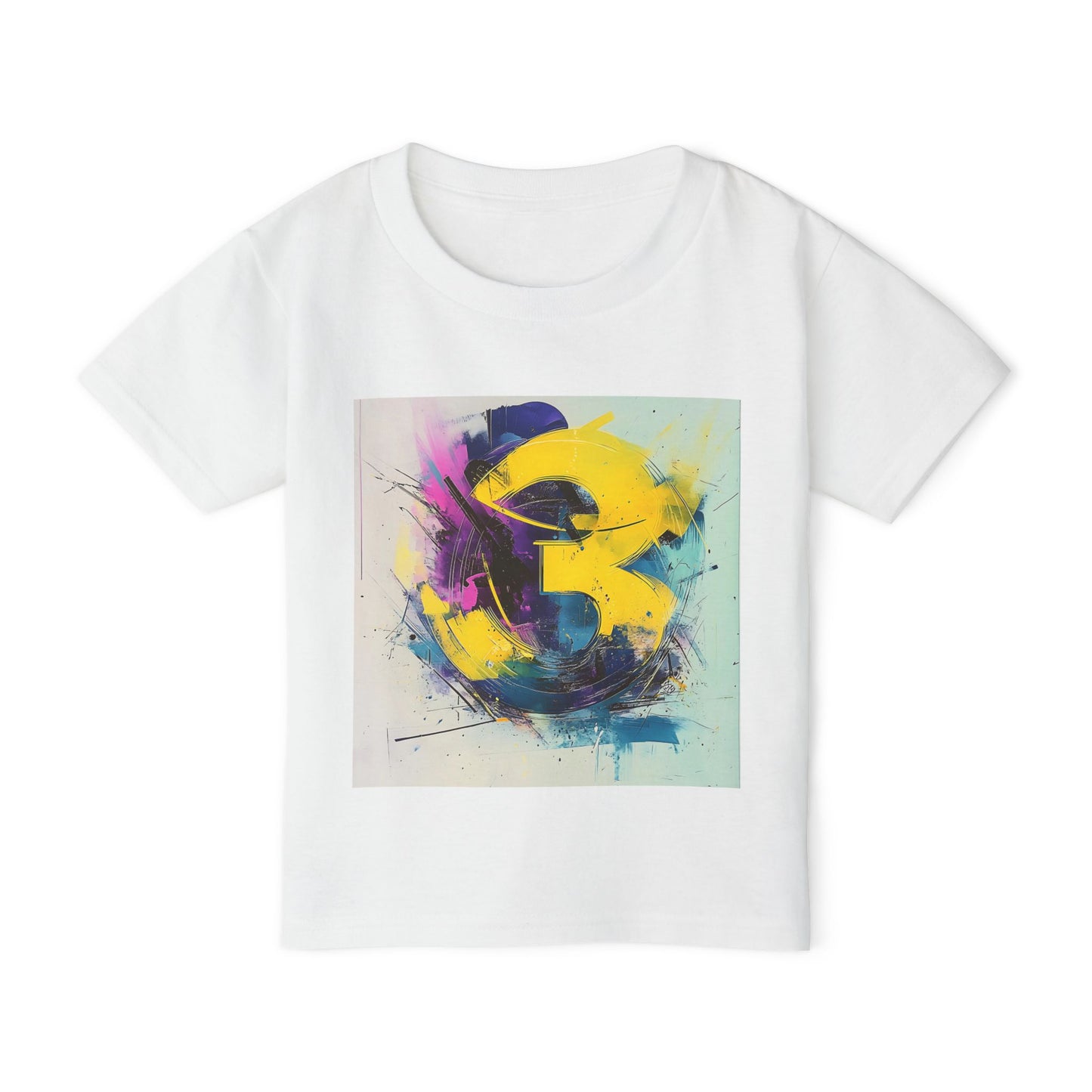 A white T-shirt featuring a bold and vibrant abstract design with expressive brushstrokes in yellow, purple, and blue.