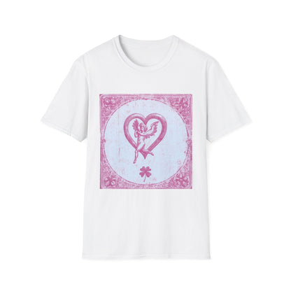 A White T-shirt featuring a vintage 1980s tarot card design with pink risograph and bold gothic typography.
