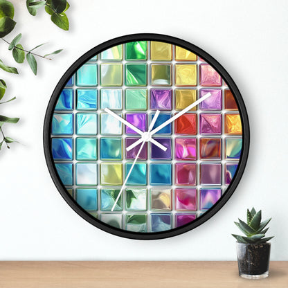 A wall clock with a vibrant stained-glass-inspired design, featuring black edges and white hands, is installed in the room.