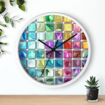 A wall clock with a vibrant stained-glass-inspired design, featuring white edges and black hands, is installed in the room.