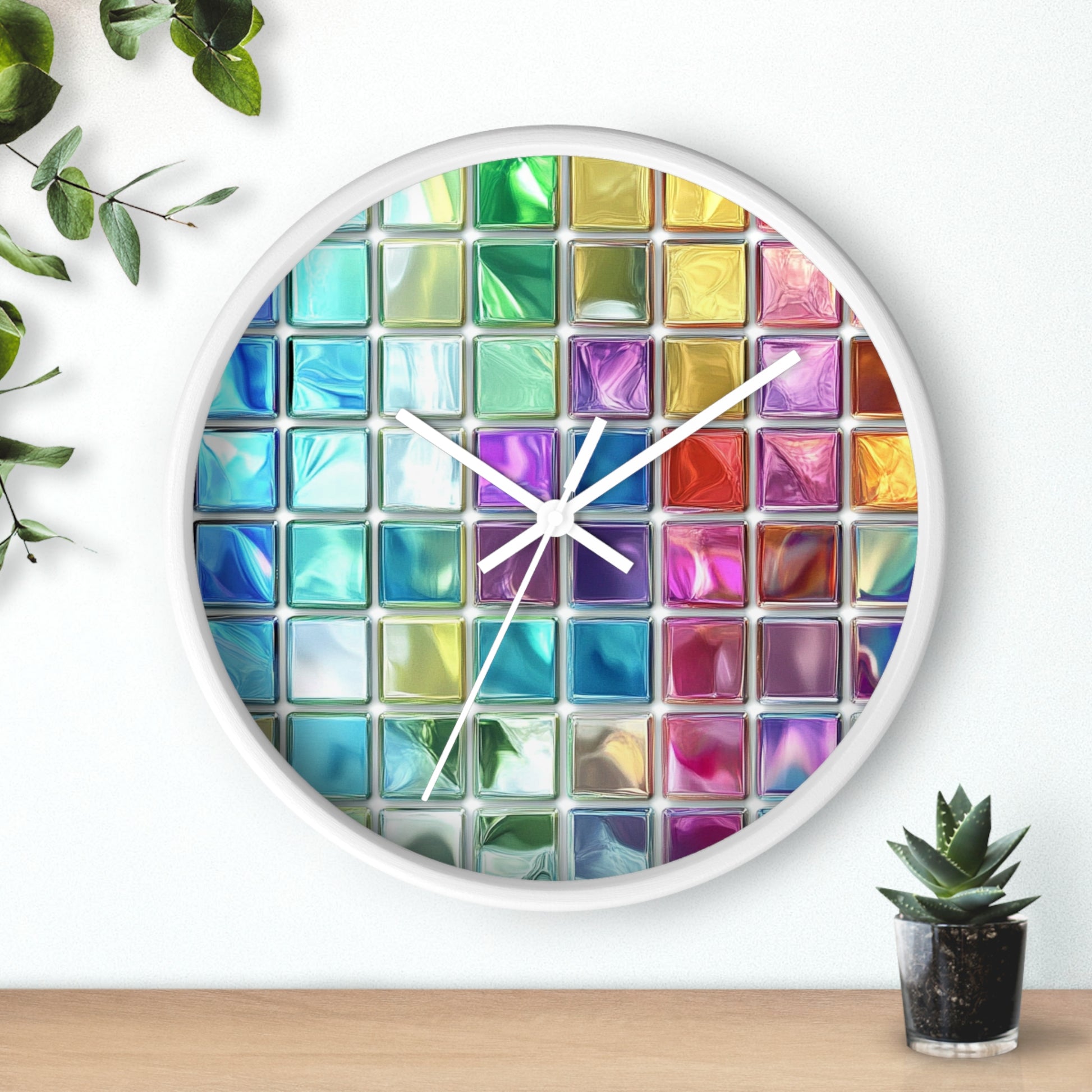 A wall clock with a vibrant stained-glass-inspired design, featuring white edges and white hands, is installed in the room.