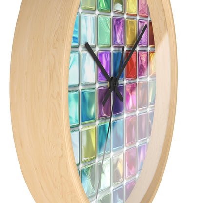 This wall clock features a grid of colorful glass squares like stained glass, with a wooden-colored frame and black hands, with the left side visible in the foreground.