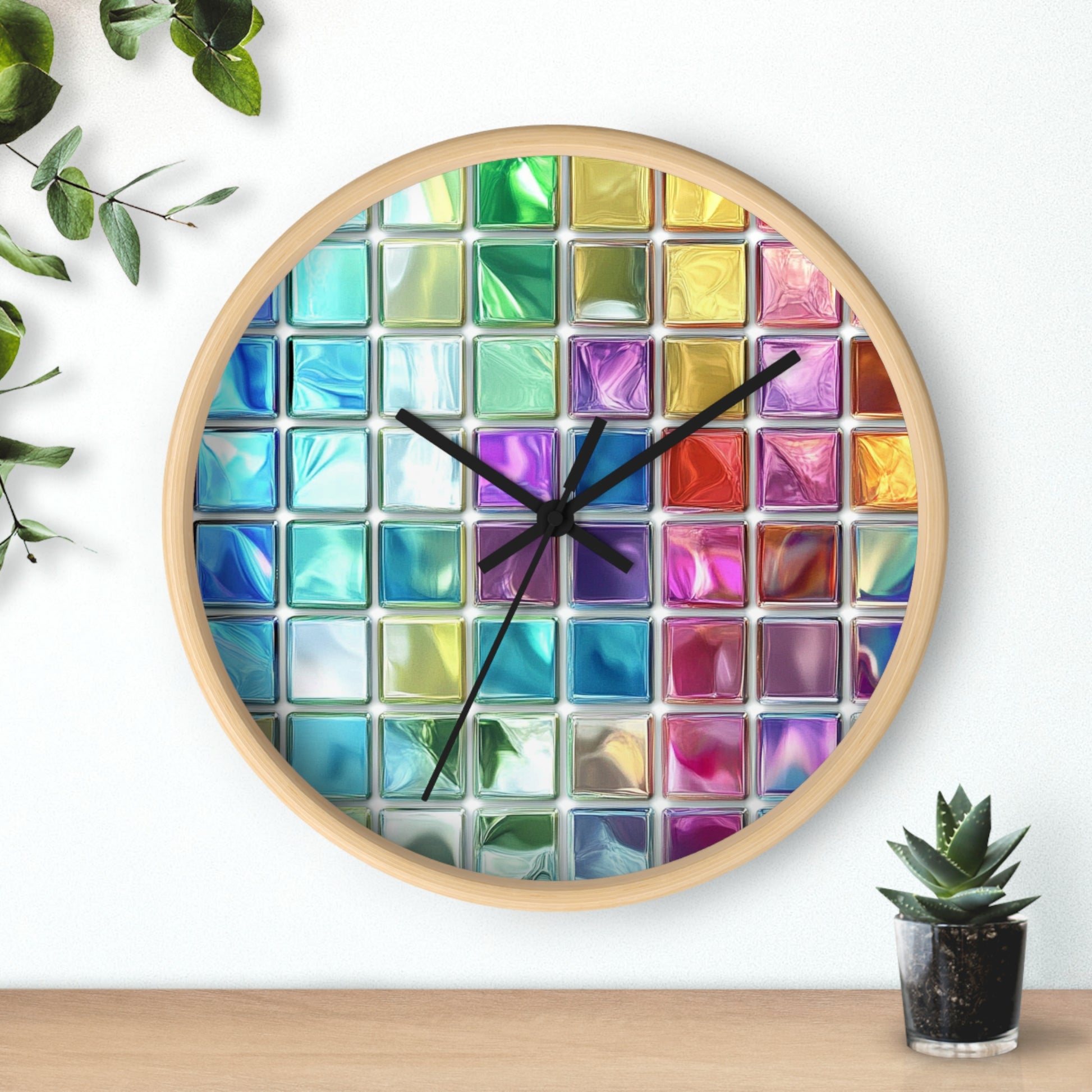 A wall clock with a vibrant stained-glass-inspired design, featuring a wooden-colored frame and black hands, is installed in the room.