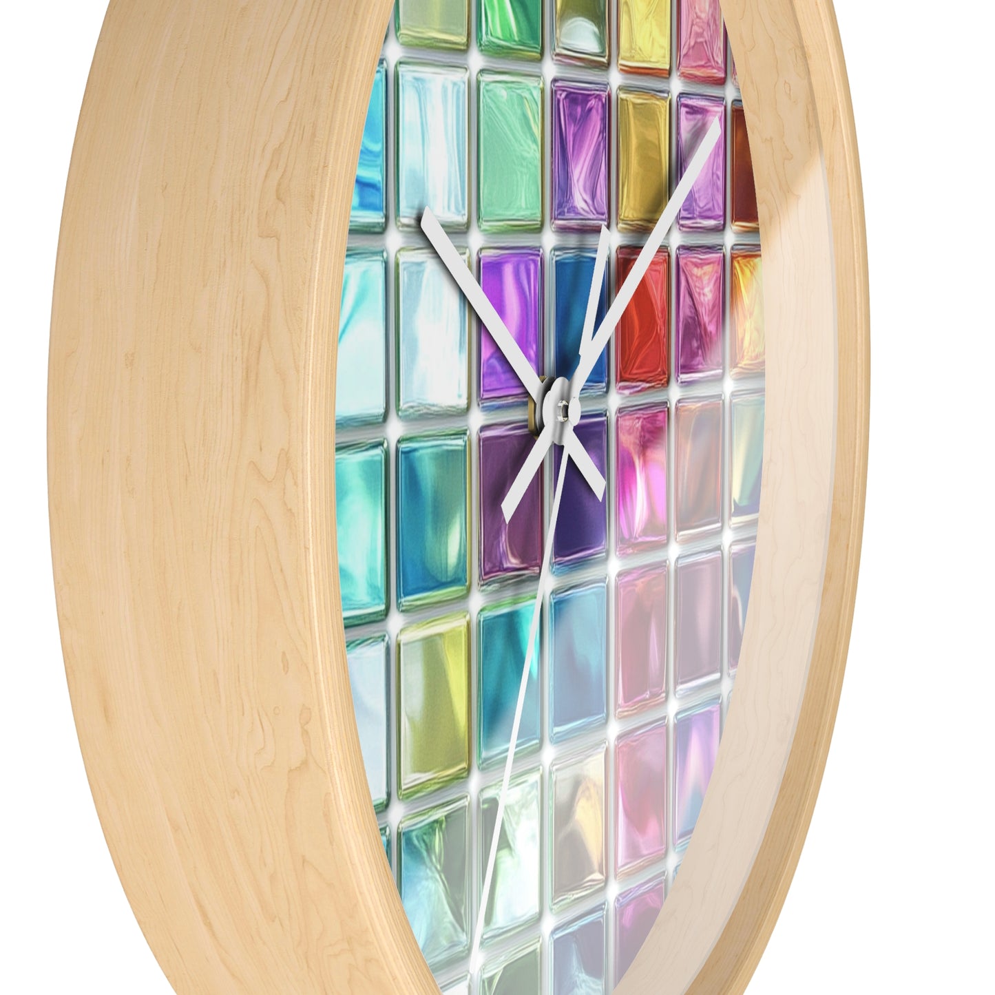 This wall clock features a grid of colorful glass squares like stained glass, with a wooden-colored frame and white hands, with the left side visible in the foreground.