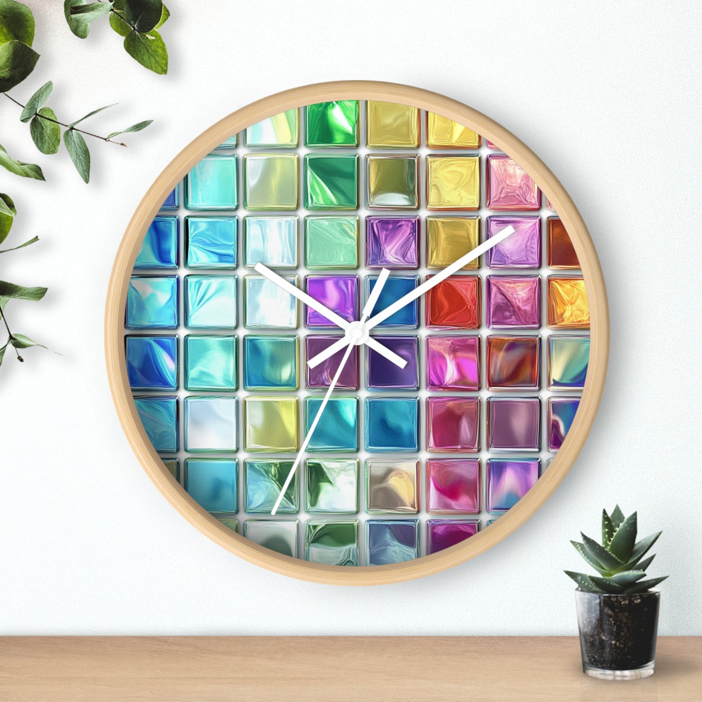 A wall clock with a vibrant stained-glass-inspired design, featuring a wooden-colored frame and white hands, is installed in the room.