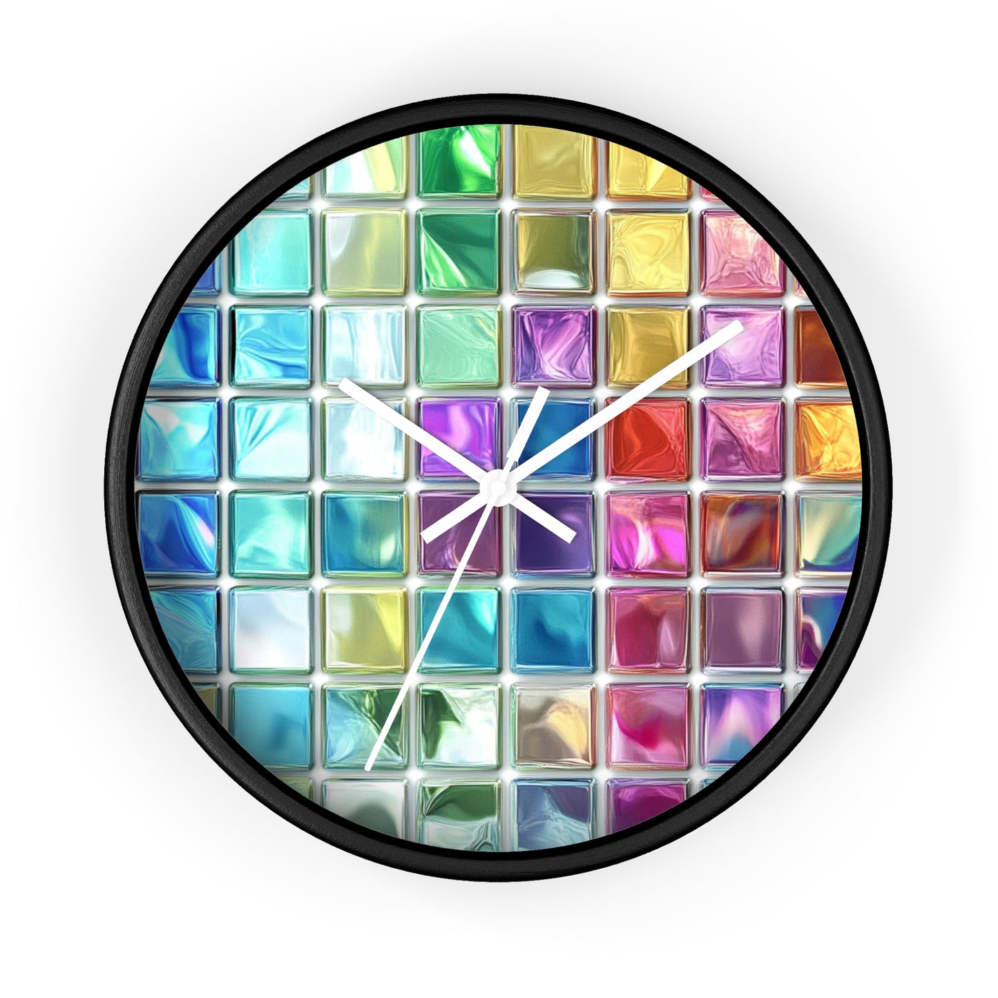 This wall clock, with its grid of colorful glass-like squares, is a vibrant design inspired by stained glass with black edges and white hands.