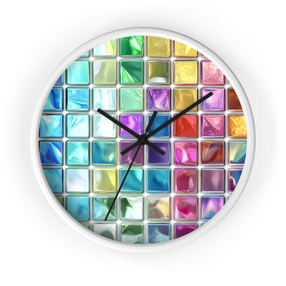 This wall clock, with its grid of colorful glass-like squares, is a vibrant design inspired by stained glass with white edges and black hands.