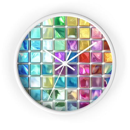 With a grid of colorful glass-like squares, this wall clock has a vibrant design inspired by stained glass with white edges and hands.