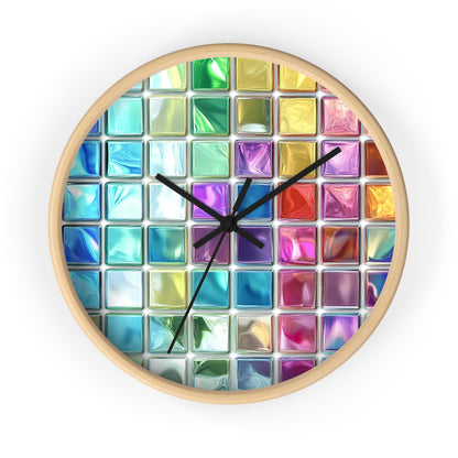 This wall clock features a grid of colorful glass-like squares with a vibrant design inspired by stained glass, showcasing a wooden base and black hands.