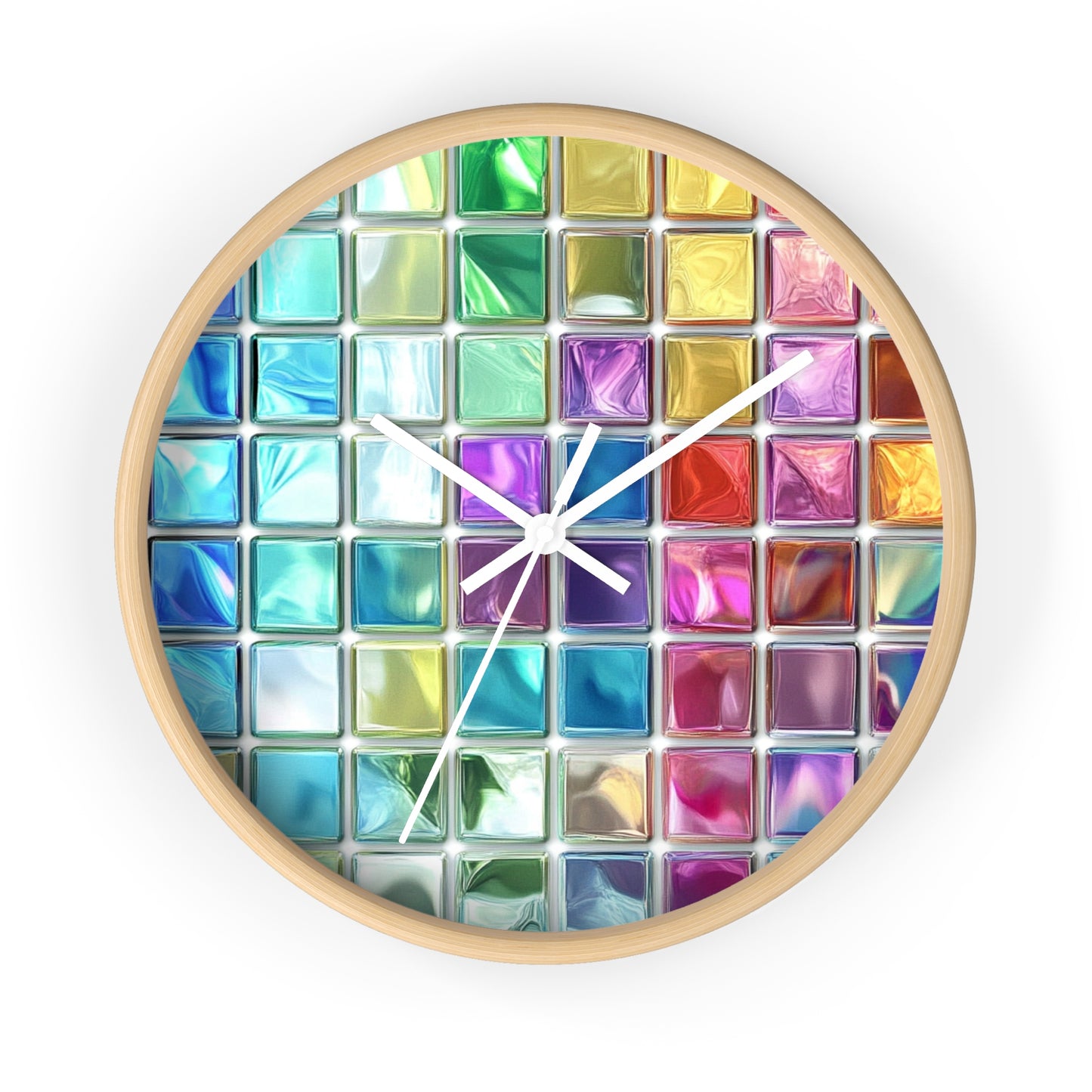 This wall clock features a grid of colorful glass-like squares with a vibrant design inspired by stained glass, showcasing a wooden base and white hands.