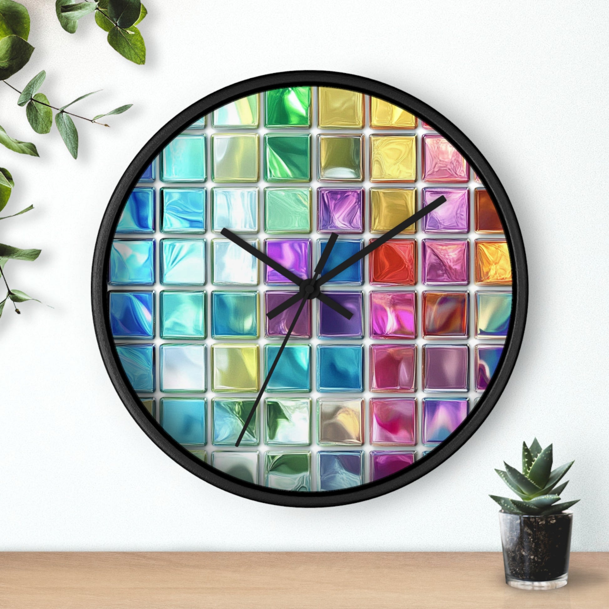 A wall clock with a vibrant stained-glass-inspired design, featuring black edges and black hands, is installed in the room.