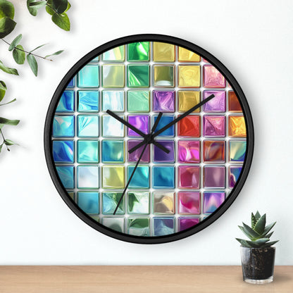 A wall clock with a vibrant stained-glass-inspired design, featuring black edges and black hands, is installed in the room.