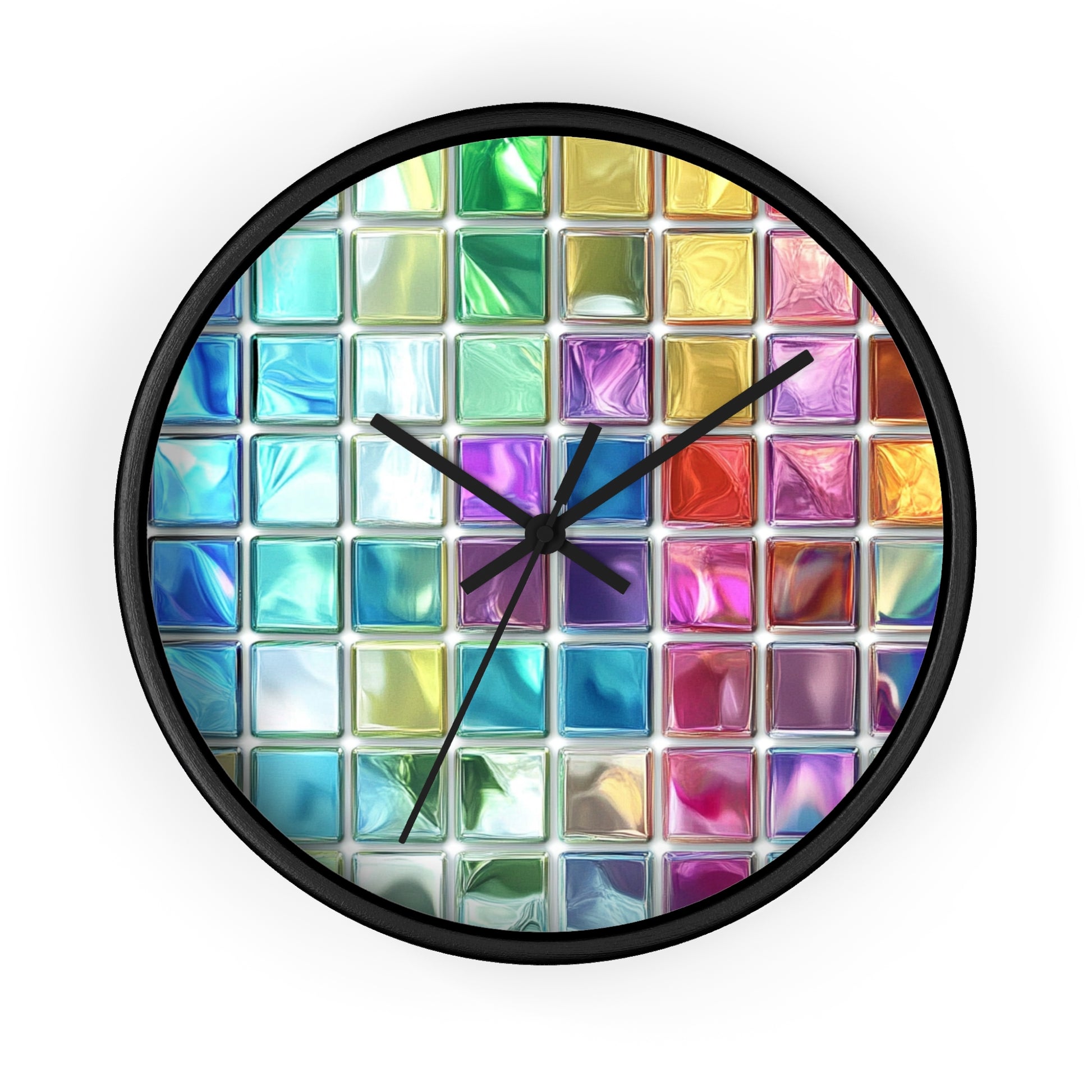 With a grid of colorful glass-like squares, this wall clock has a vibrant stained-glass-inspired design with black edges and hands.