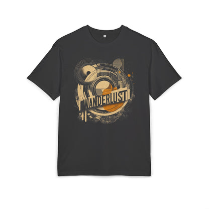 Men’s black T-shirt with “WANDERLUST” graphic, featuring Art Deco and Bauhaus-inspired concentric circles and geometric shapes in warm beige and orange—retro-modern travel tee.