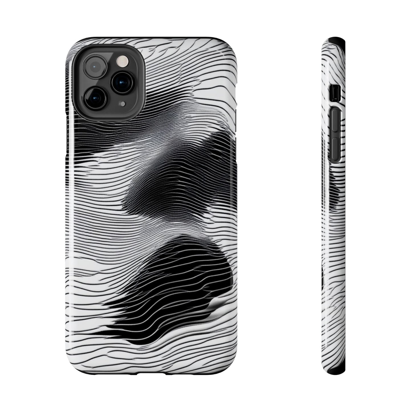 The front and side of a smartphone case for iPhone 11 Pro Max featuring a glitch poster design with distorted black and white wave-like lines.
