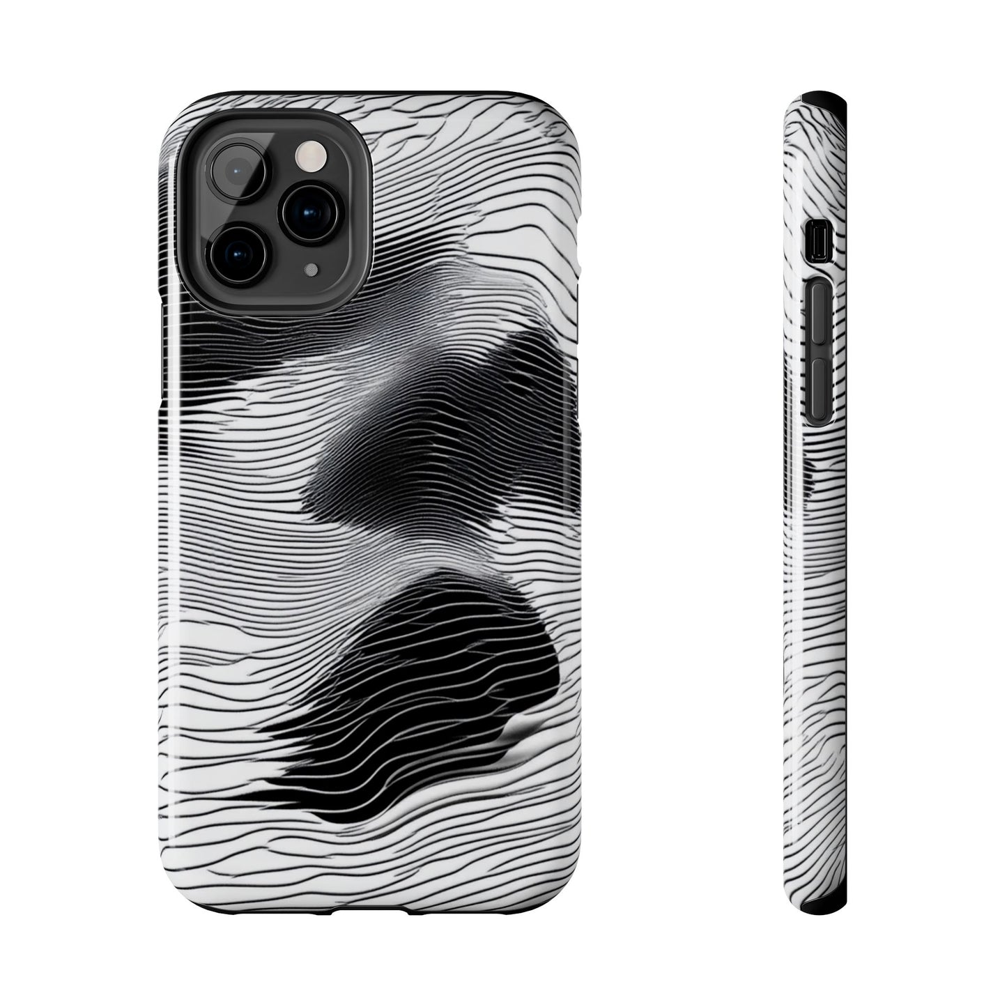 The front and side of a smartphone case for iPhone 11 Pro featuring a glitch poster design with distorted black and white wave-like lines.
