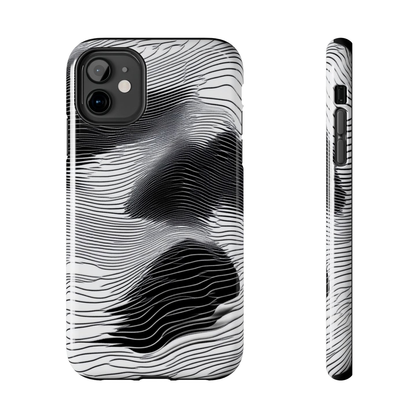 The front and side of a smartphone case for iPhone 11 featuring a glitch poster design with distorted black and white wave-like lines.
