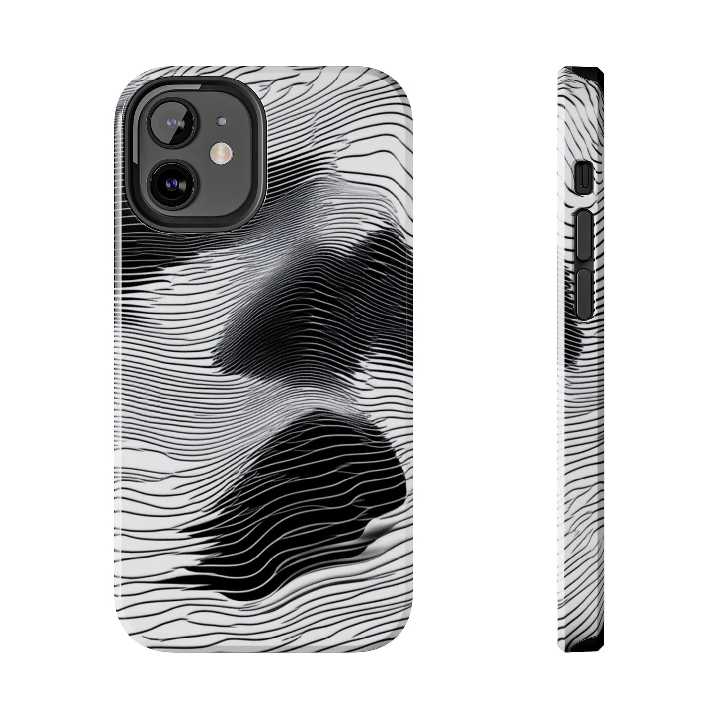 The front and side of a smartphone case for iPhone 12 Mini featuring a glitch poster design with distorted black and white wave-like lines.
