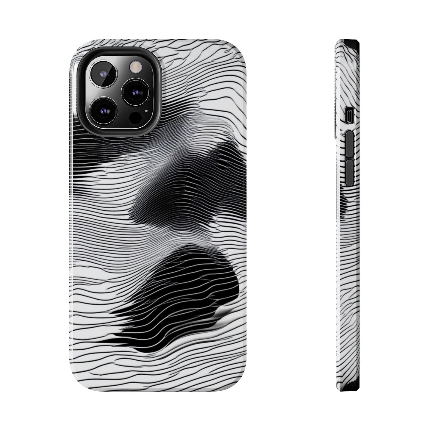 The front and side of a smartphone case for iPhone 12 Pro Max featuring a glitch poster design with distorted black and white wave-like lines.
