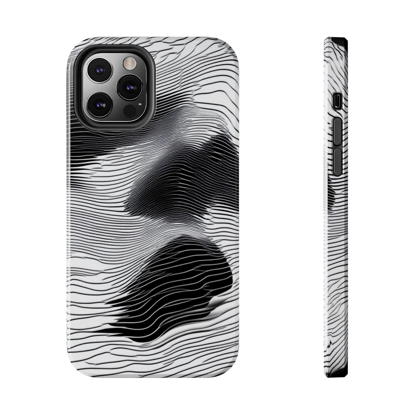 The front and side of a smartphone case for iPhone 12 Pro featuring a glitch poster design with distorted black and white wave-like lines.
