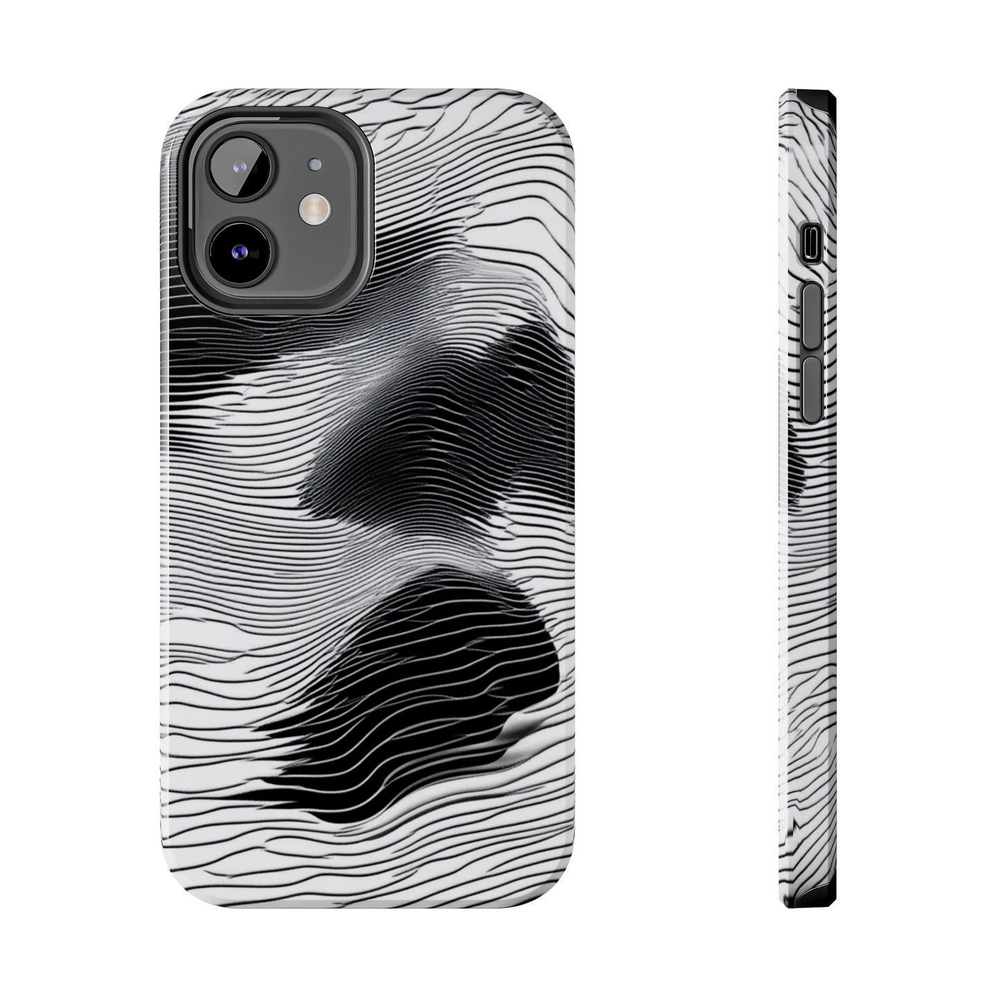 The front and side of a smartphone case for iPhone 12 featuring a glitch poster design with distorted black and white wave-like lines.
