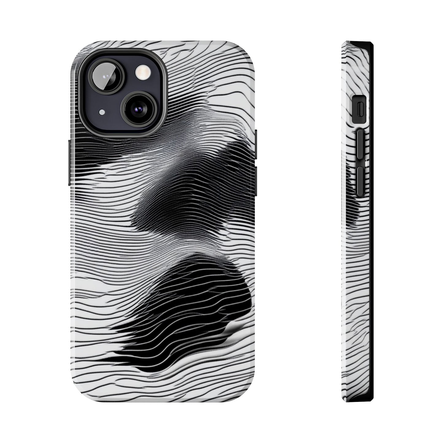 The front and side of a smartphone case for iPhone 13 Mini featuring a glitch poster design with distorted black and white wave-like lines.
