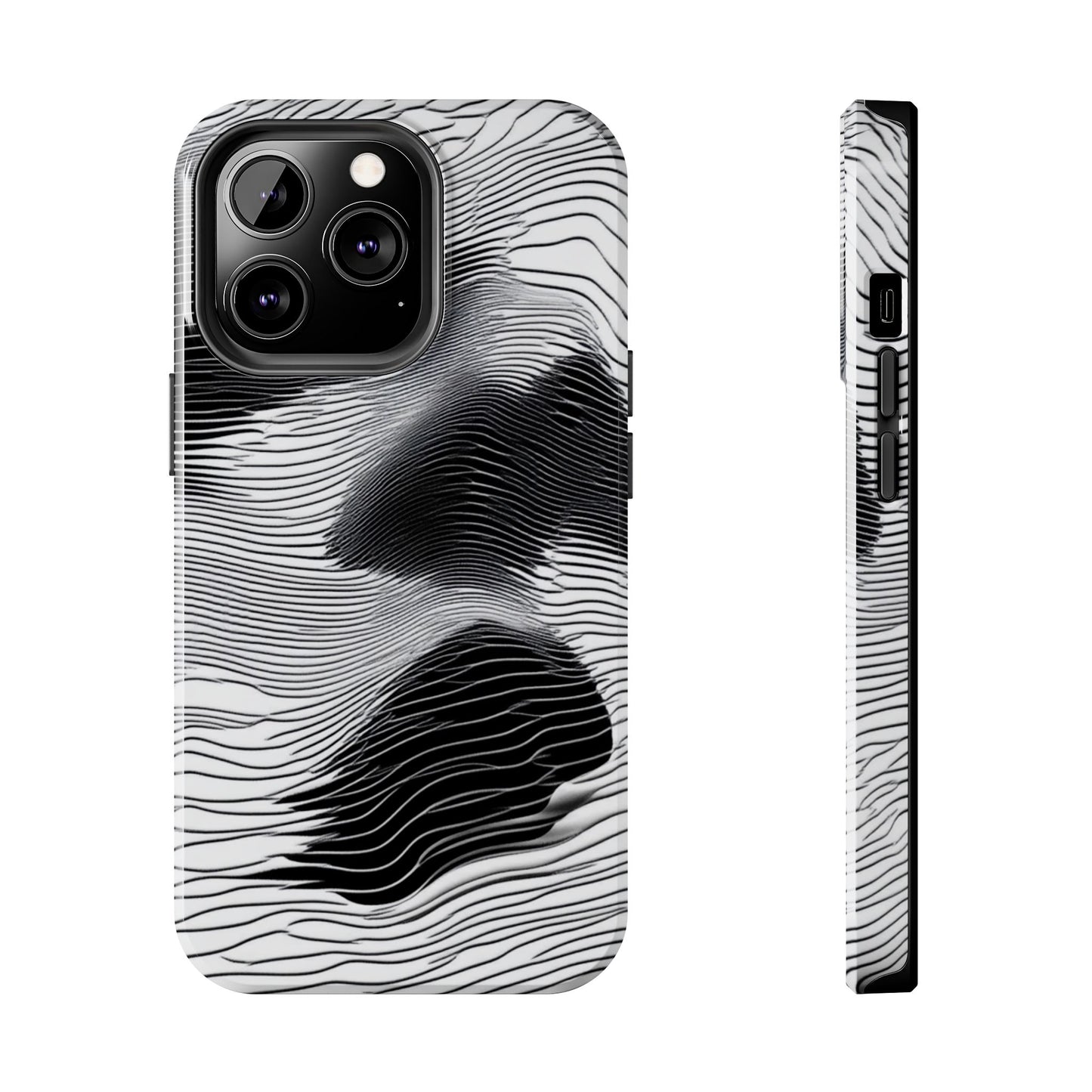 The front and side of a smartphone case for iPhone 13 Pro featuring a glitch poster design with distorted black and white wave-like lines.
