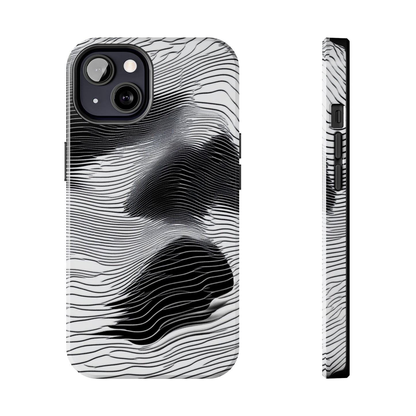 The front and side of a smartphone case for iPhone 13 featuring a glitch poster design with distorted black and white wave-like lines.
