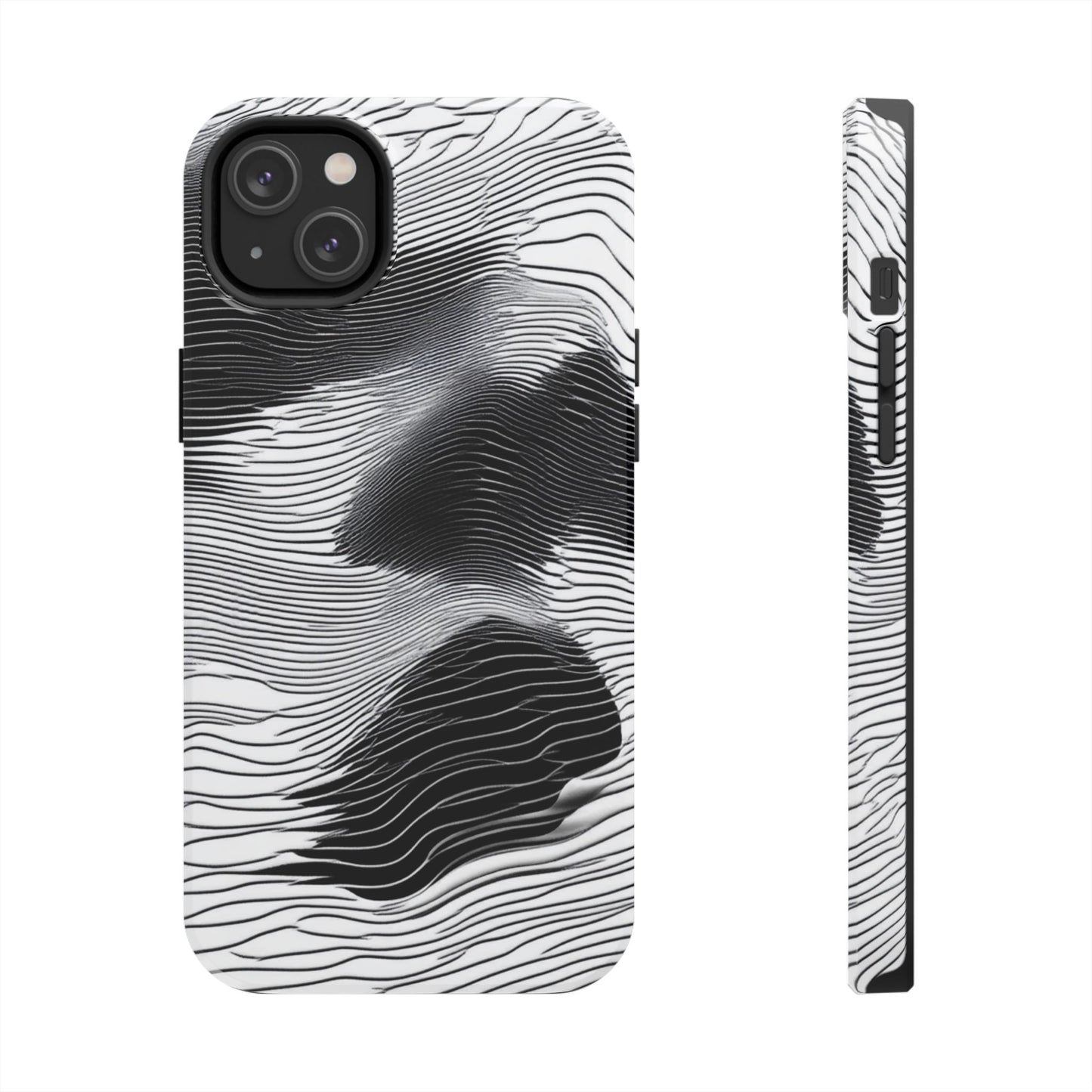 The front and side of a smartphone case for iPhone 14 Plus featuring a glitch poster design with distorted black and white wave-like lines.
