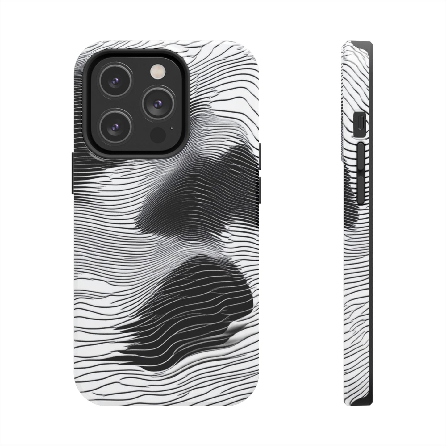 The front and side of a smartphone case for iPhone 14 Pro featuring a glitch poster design with distorted black and white wave-like lines.
