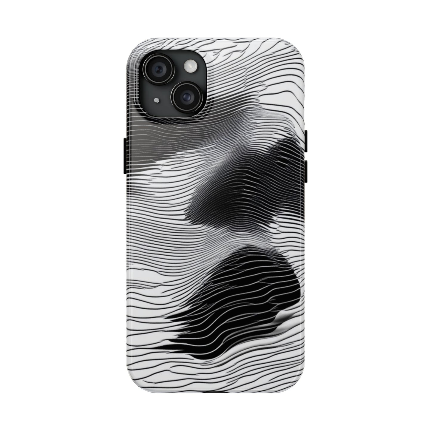 The front of a smartphone case for iPhone 15 Plus featuring a glitch poster design with distorted black and white wave-like lines.
