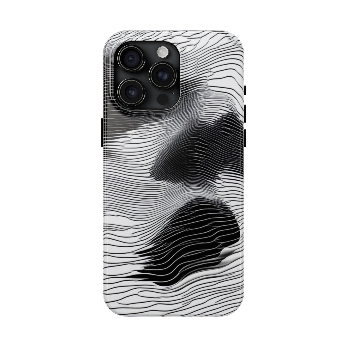 The front of a smartphone case for iPhone 15 Pro Max featuring a glitch poster design with distorted black and white wave-like lines.
