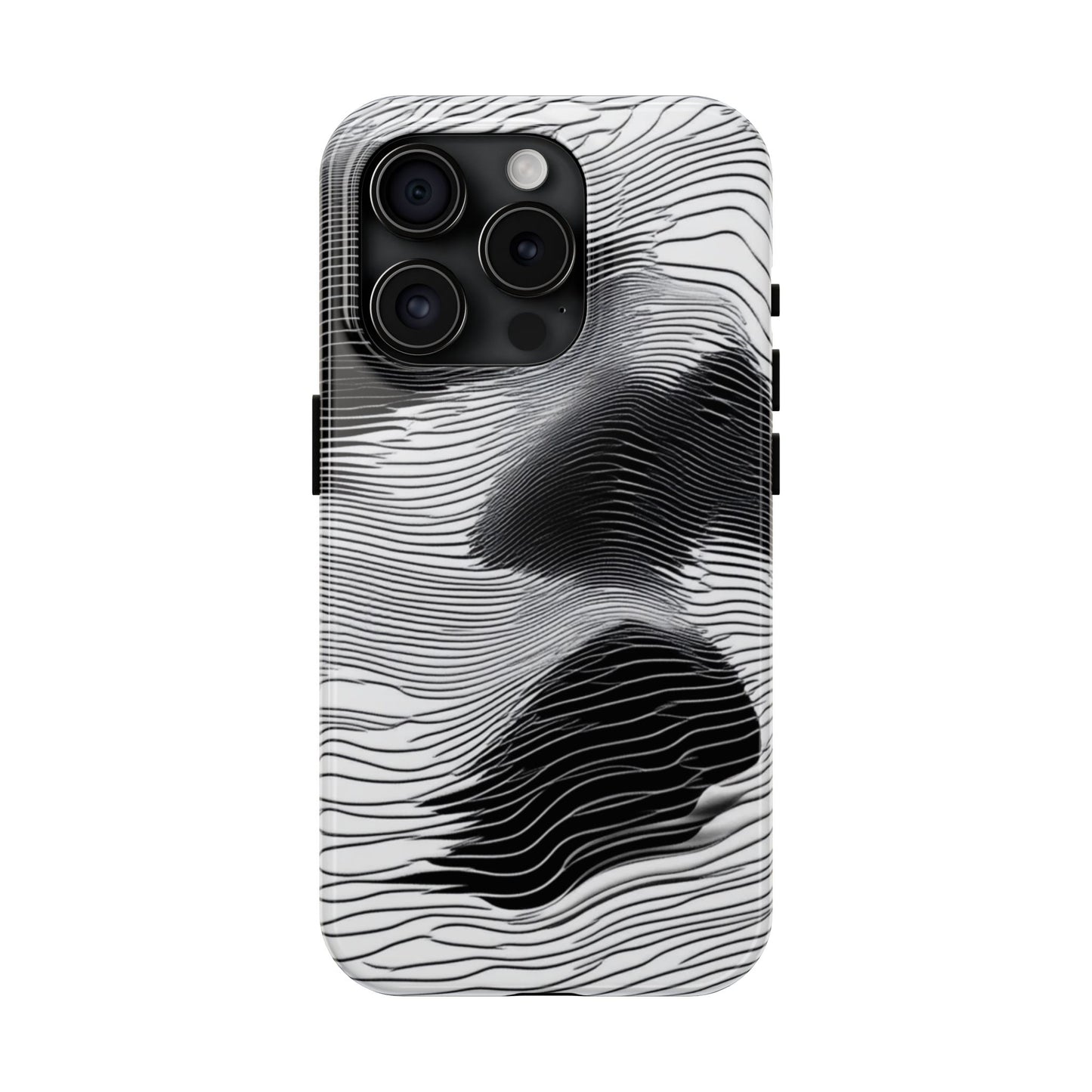 The front of a smartphone case for iPhone 15 Pro featuring a glitch poster design with distorted black and white wave-like lines.
