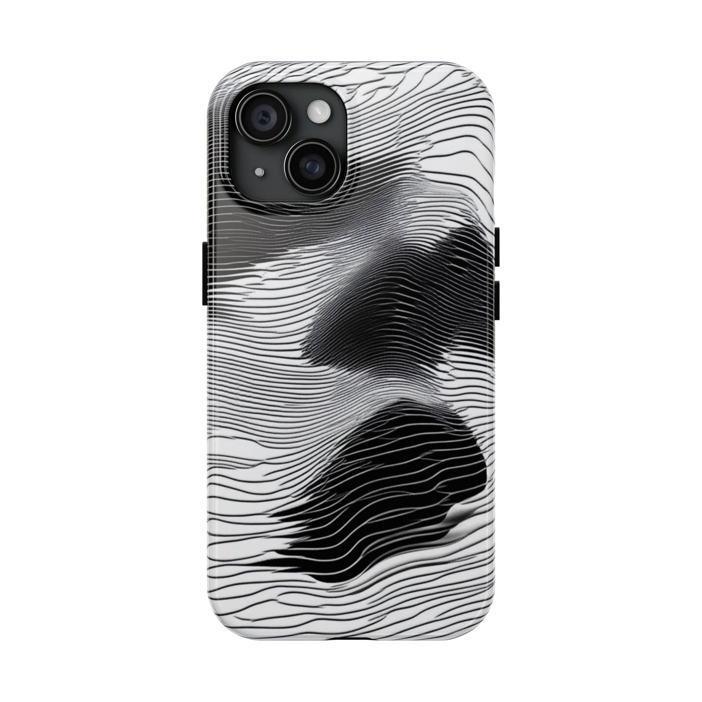 The front of a smartphone case for iPhone 15 featuring a glitch poster design with distorted black and white wave-like lines.
