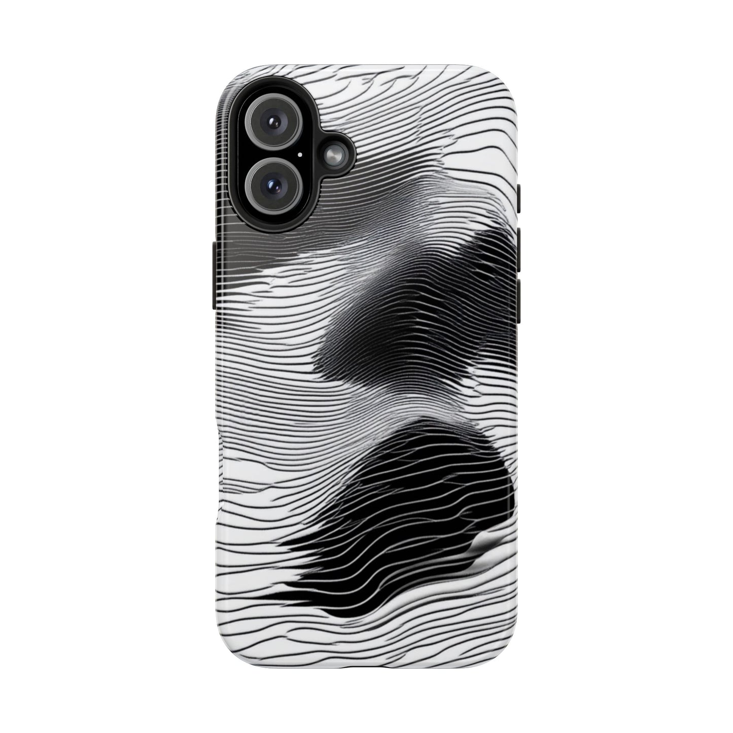 The front of a smartphone case for iPhone 16 Plus featuring a glitch poster design with distorted black and white wave-like lines.
