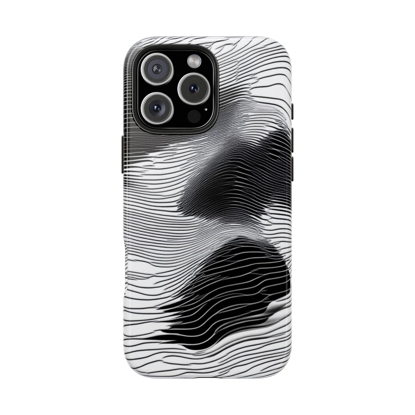 The front of a smartphone case for iPhone 16 Pro Max featuring a glitch poster design with distorted black and white wave-like lines.
