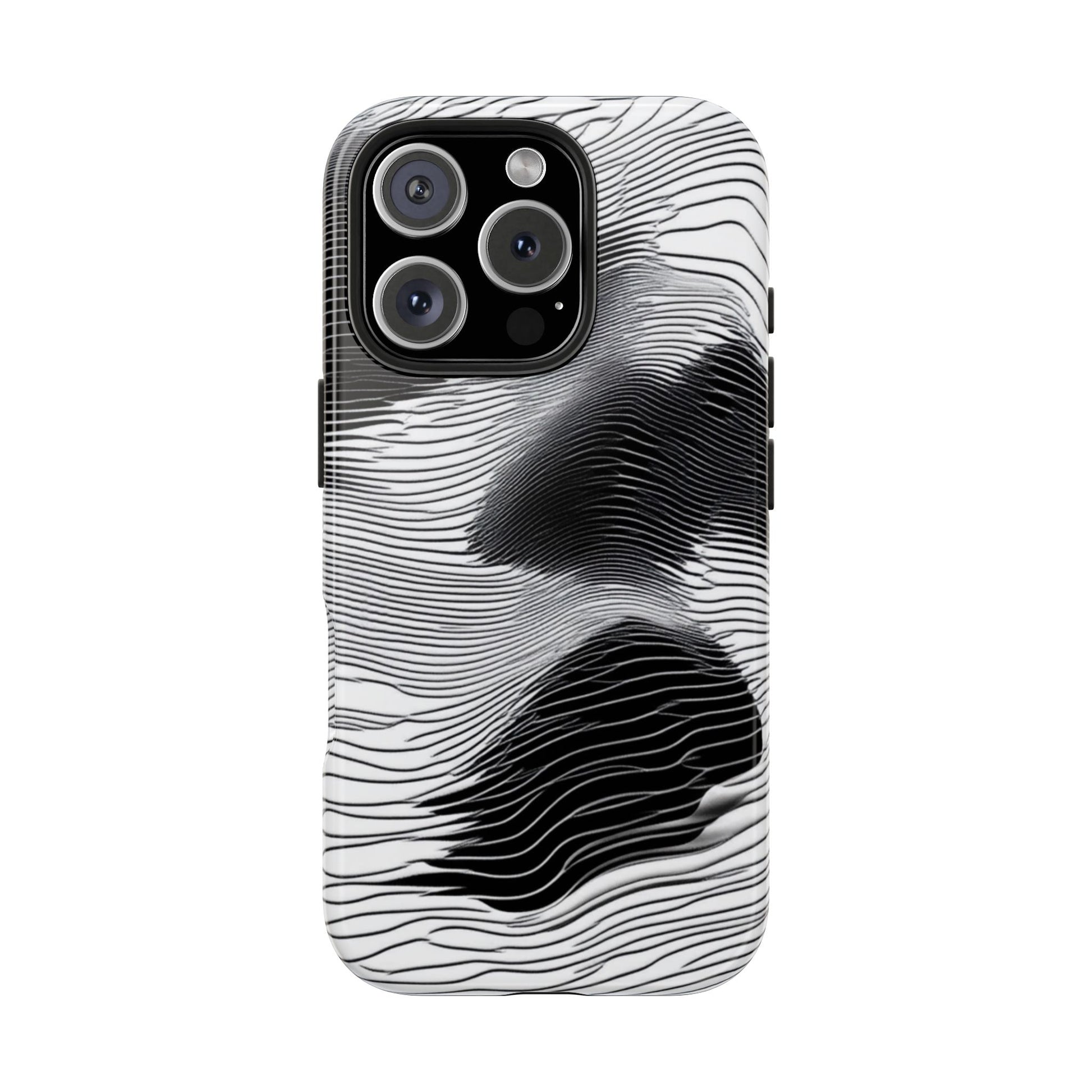 The front of a smartphone case for iPhone 16 Pro featuring a glitch poster design with distorted black and white wave-like lines.
