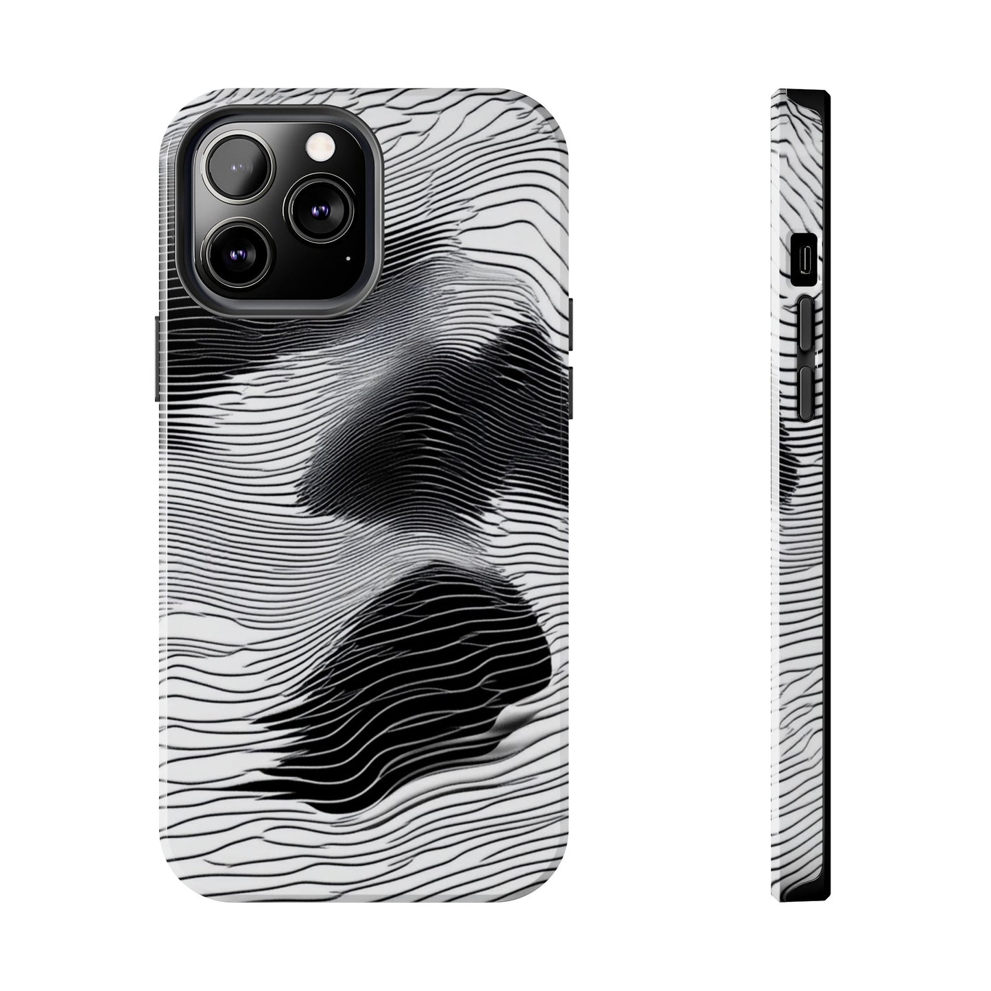 The front and side of a smartphone case for iPhone 16 Pro Max featuring a glitch poster design with distorted black and white wave-like lines.
