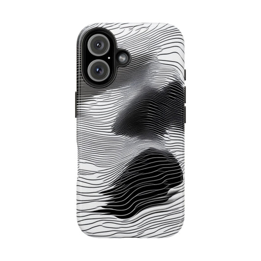 The front of a smartphone case for iPhone 16 featuring a glitch poster design with distorted black and white wave-like lines.
